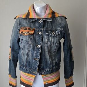 Rubber Doll Denim Jacket With Multicolor Sweater Cuffs Sz.M